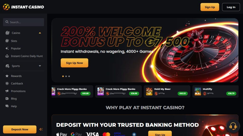 Instant Casino — buitenlandse casino welkomstpagina en welkomstbonus