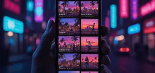 Smartphone showing social media feed with Vice City gameplay videos in GTA 6 style