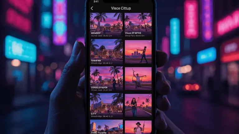 Smartphone showing social media feed with Vice City gameplay videos in GTA 6 style