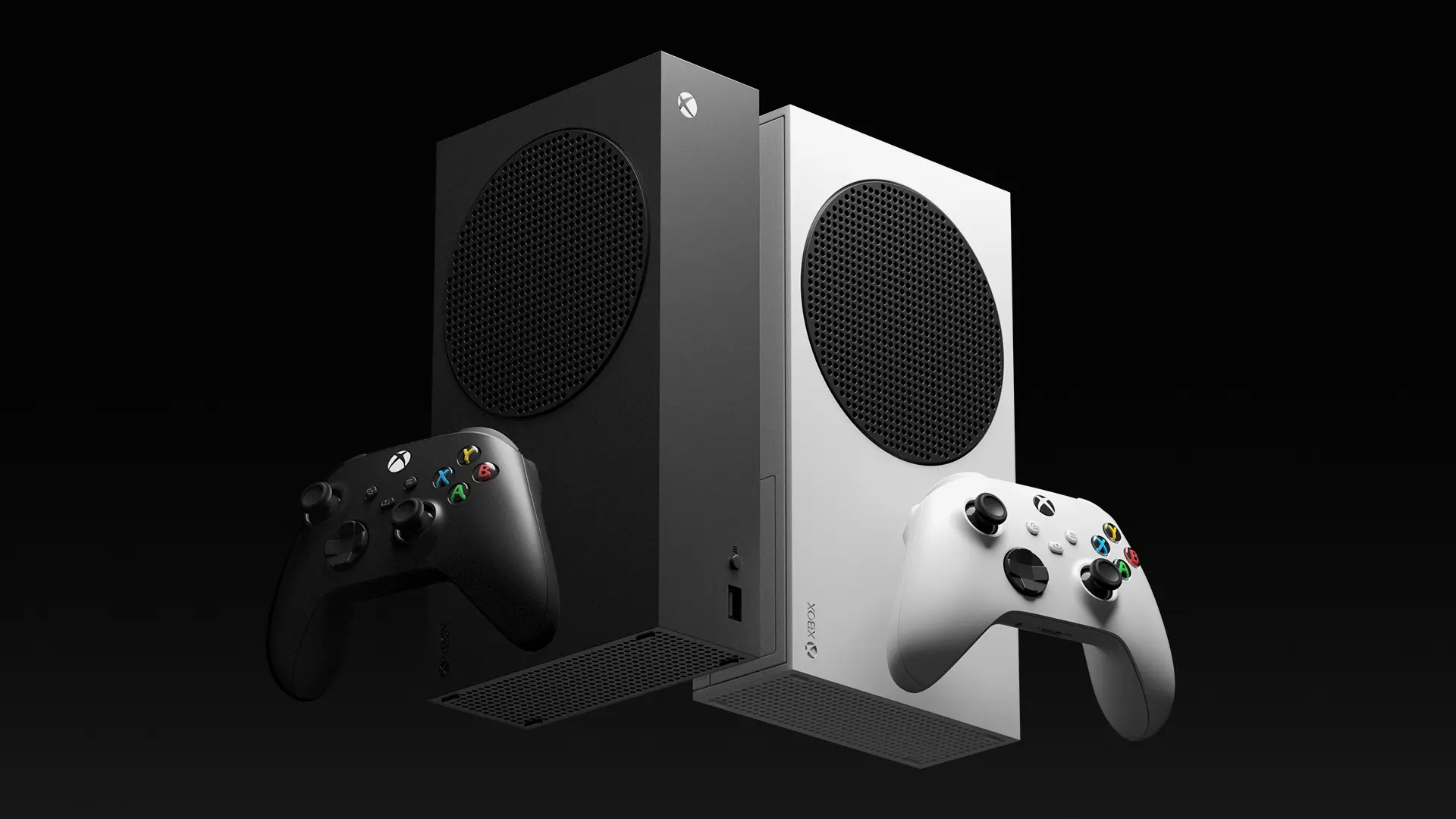 Xbox Series X and Series S consoles with matching controllers on a black background.