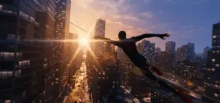 Spider-Man in Miles Morales suit swinging through urban cityscape at golden hour