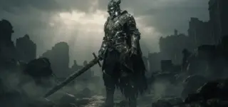 Dark fantasy warrior in stone-like armor standing in foggy ruins for Mortal Shell II