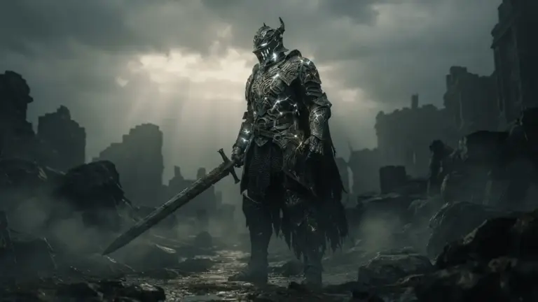 Dark fantasy warrior in stone-like armor standing in foggy ruins for Mortal Shell II