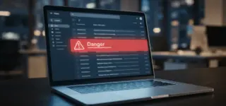 Laptop screen showing suspicious phishing email with security warning alert in dark office setting