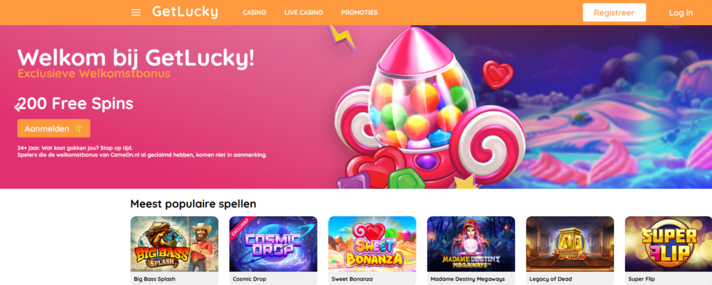 GetLucky Homepage Welkomstbonus (2) 100% casino bonus GetLucky - welkomstaanbieding met 200 free spins