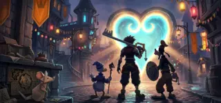 Fantasy game heroes face a glowing heart-shaped portal in a cinematic Kingdom Hearts-inspired scene