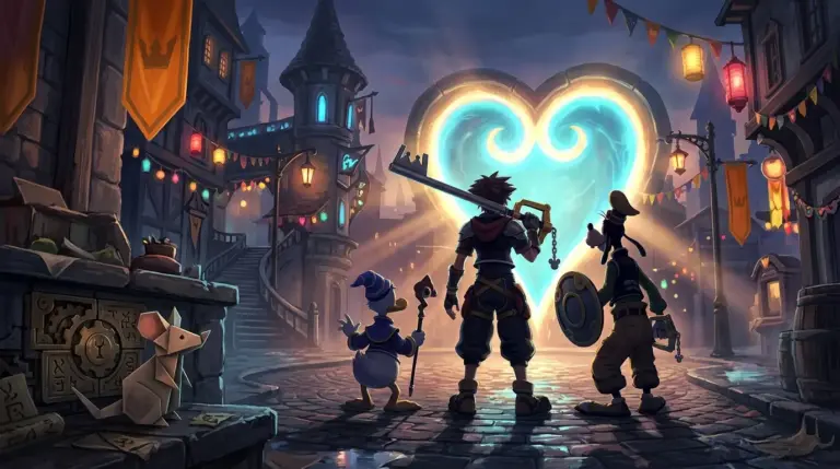 Fantasy game heroes face a glowing heart-shaped portal in a cinematic Kingdom Hearts-inspired scene