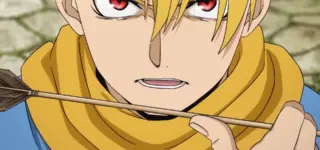 Een personage met blond haar en rode ogen uit de anime Daemons of the Shadow Realm.