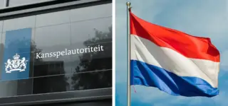 Een collage van het kantoor van de Kansspelautoriteit en de Nederlandse vlag.