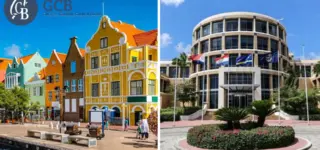 Een collage met kleurrijke gebouwen in Curaçao en het kantoorgebouw van de Curaçao Gaming Control Board.