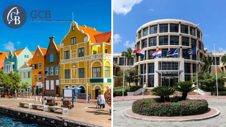 Een collage met kleurrijke gebouwen in Curaçao en het kantoorgebouw van de Curaçao Gaming Control Board.
