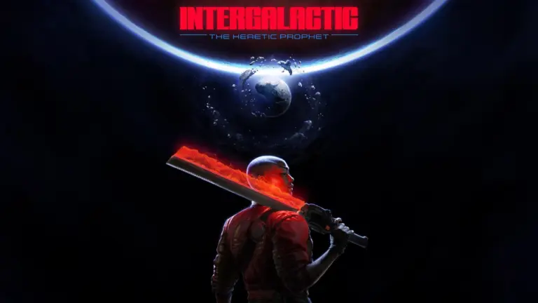 Key art van Intergalactic: The Heretic Prophet met een personage die een gloeiend zwaard vasthoudt voor een planeet.