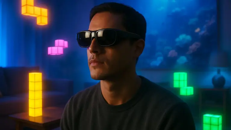 Een man die een VR-bril draagt, omringd door zwevende, lichtgevende Tetris-blokken in een woonkamer.