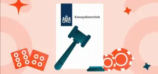Illustratie van een document met het logo en de naam van de Kansspelautoriteit, een hamer en casino-fiches.