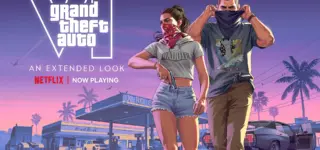 Promotionele afbeelding van Grand Theft Auto VI met twee hoofdpersonages voor een benzinestation in Leonida.