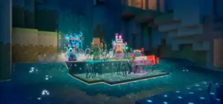 Een officiële screenshot van Minecraft Dungeons II met personages in een grotachtige omgeving.