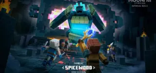 Concept art van 'Project Spicewood' met Minecraft-personages die een grote blauwe golem bevechten.