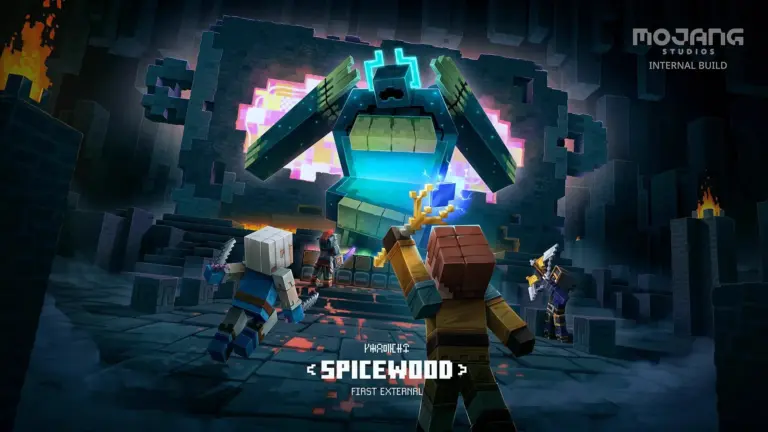 Concept art van 'Project Spicewood' met Minecraft-personages die een grote blauwe golem bevechten.