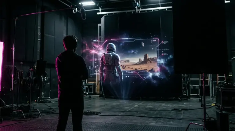 Cinematische sci-fi filmscène die de ontwikkeling van een nieuwe Star Wars-film verbeeldt