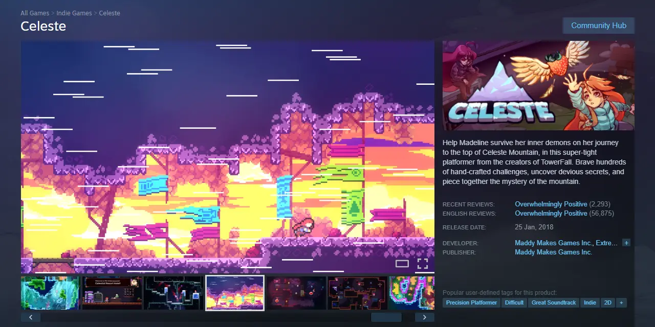 Een screenshot van de Steam-winkelpagina voor het spel Celeste.