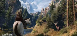 Geralt van Rivia op een paard in een bergachtig landschap met een kasteel op de achtergrond uit The Witcher 3: Wild Hunt.